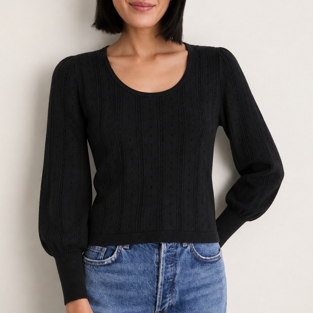 Tuckernuck Women's Pointelle Henley Puff Sleeve Sweater Black S Coastal Preppy